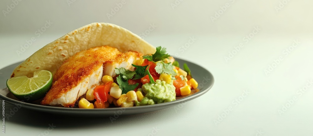 Aufkleber crispy fish taco served with guacamole and corn on a plate with empty space ideal for text placement