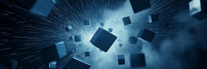 Obraz premium Science and technology Internet concept background - dark blue cube flying from the center