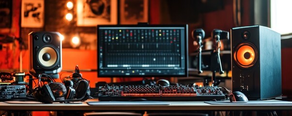 Home music studio setup, mixing audio, night, warm lighting. Ideal for music production blogs