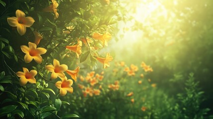 Golden trumpet vine blooming in a lush green garden surrounded by soft natural light and blurred background flowers.