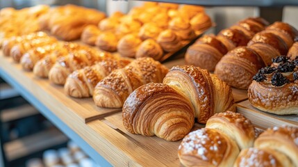 Freshly baked golden croissants and delicious brioches displayed on a rustic wooden bakery shelf ready for customers