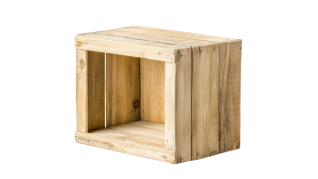 Blank wooden shelf concept. Wooden crate with a hollow interior on transparent background.