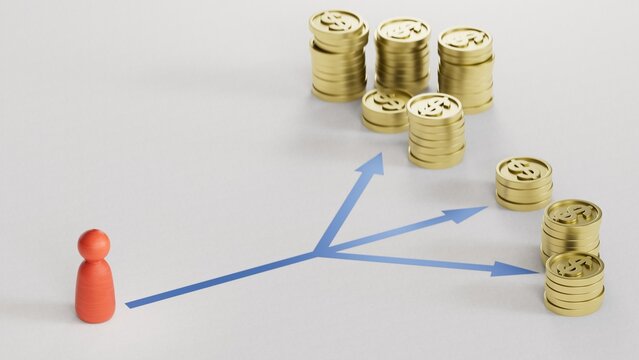 One pawn and many golden coins with 3 arrows. Investment decision making or porfolio diversification.3D rendering on white background.