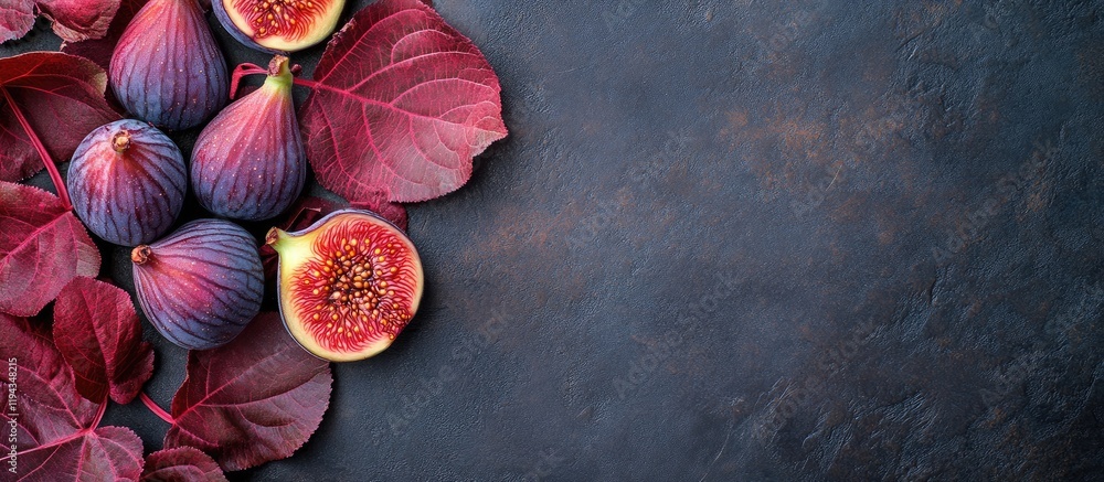 Poster figs and red amaranth leaves on dark surface perfect for culinary or health promotions with space fo