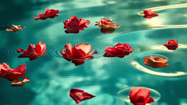 Rose petals drifting in azure water