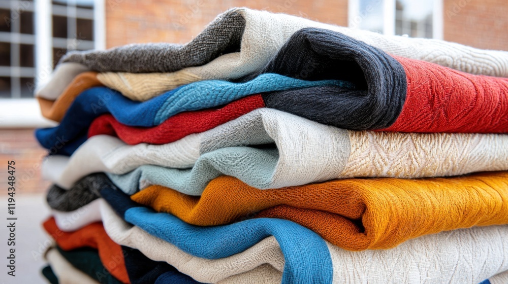 Aufkleber a vibrant stack of neatly folded blankets in various colors, showcasing texture and warmth against a