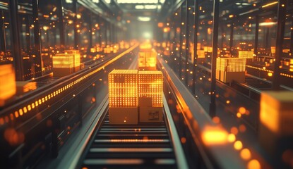 Automated warehouse with boxes moving on conveyor belts.