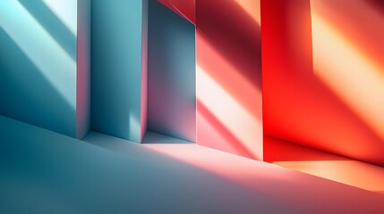 A vibrant and abstract background featuring a bold geometric pattern with contrasting hues of blue red orange and yellow  The overlapping shapes and layers create a sense of depth and visual interest