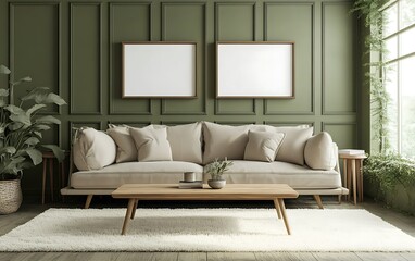 Fototapeta premium Modern living room interior design, green wall, beige sofa, coffee table
