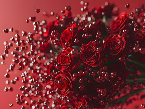 Opulent Floral Background with Shimmering Hearts and Vibrant Roses in Detailed Rendering