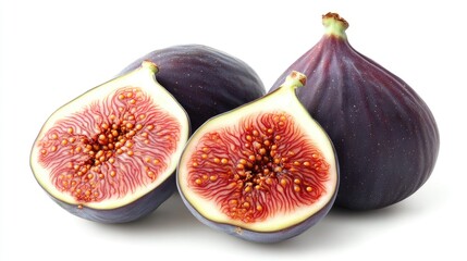 Fresh and ripe figs whole and halved displayed artfully on a clean white background ideal for food photography and healthy eating concepts