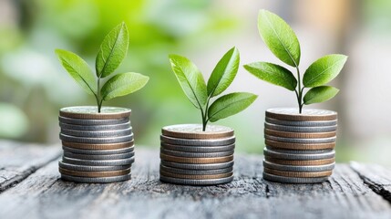Coins with leaves symbolizing growth and investment.