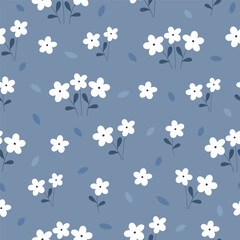Seamless pattern with white flowers on blue background. Hand drawn floral pattern for your fabric, summer background, wallpaper, backdrop, textile. Vector illustration