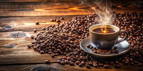 Naklejka premium Aromatic Dark Roast Coffee in a Steaming Cup Surrounded by Beans on Rustic Wood