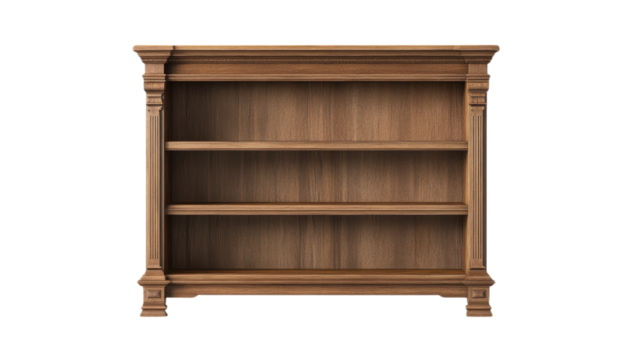 Blank wooden shelf concept. Wooden bookshelf with three shelves on transparent background.