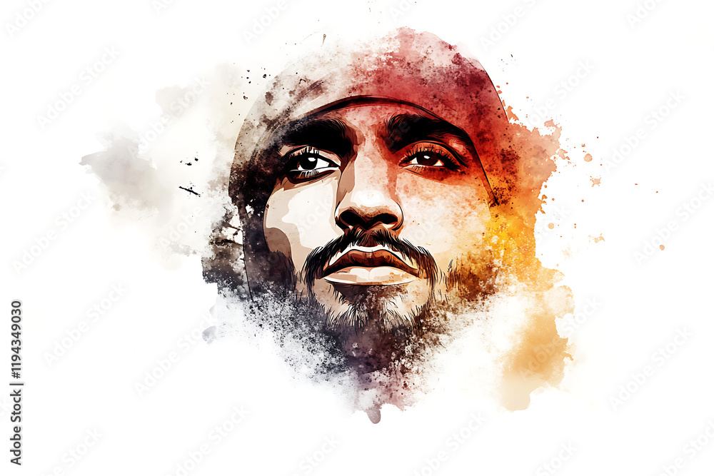 Aufkleber a stylized portrait of a man with a contemplative expression and artistic splashes of color.