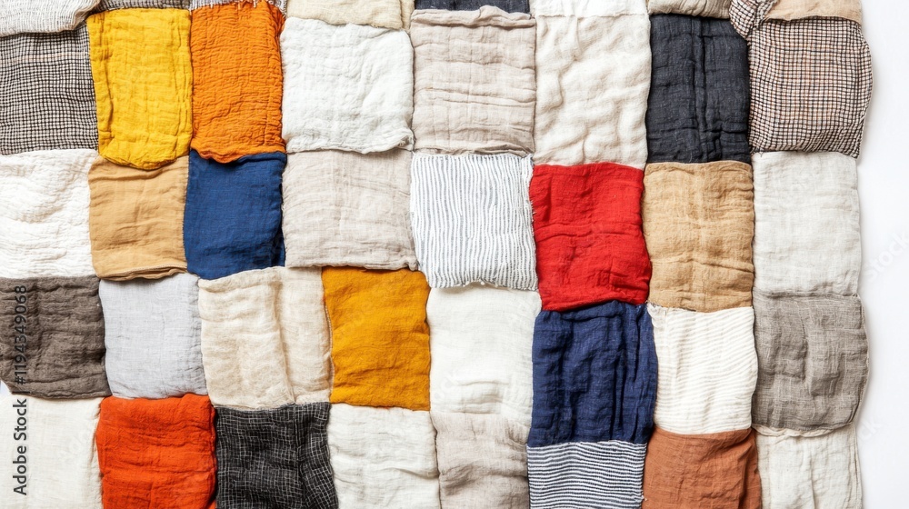 Poster a colorful patchwork quilt composed of various textured fabrics and patterns, showcasing a blend of 