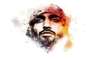 A stylized portrait of a man with a contemplative expression and artistic splashes of color.