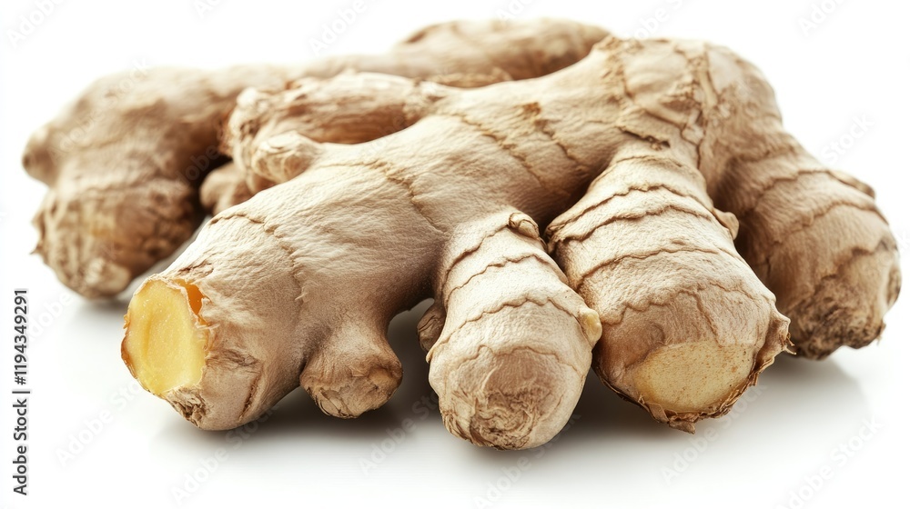 Poster ginger root cluster isolated on a clean white background showcasing the textured surface and natural
