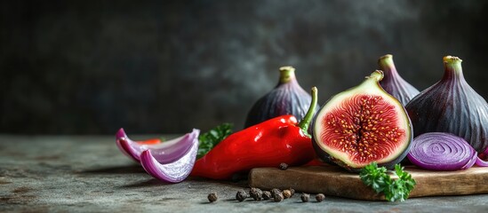 Fresh figs red peppers and onions arranged artistically on a rustic surface with space for adding text or promotional content