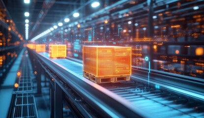 Automated warehouse with packages on conveyor belt.