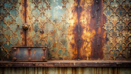 A weathered metallic surface with an ornate design and rusty texture, featuring a small rusted metal plate and a keyhole, offering a vintage industrial aesthetic.