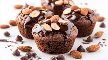 Fototapeta premium Delicious Cacao Flour Muffins Topped with Almonds and Chocolate Drizzle on White Background