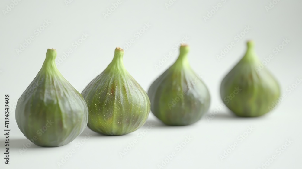 Poster ripe green figs arranged in a row on a light background showcasing their unique shape and texture.