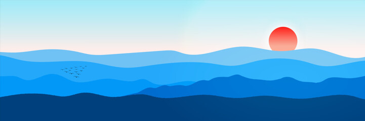 Continuous mountains and red sunset
