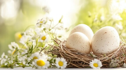 Obraz premium Natural eggs in a rustic nest surrounded by flowers creating a serene spring atmosphere on a blurred green background