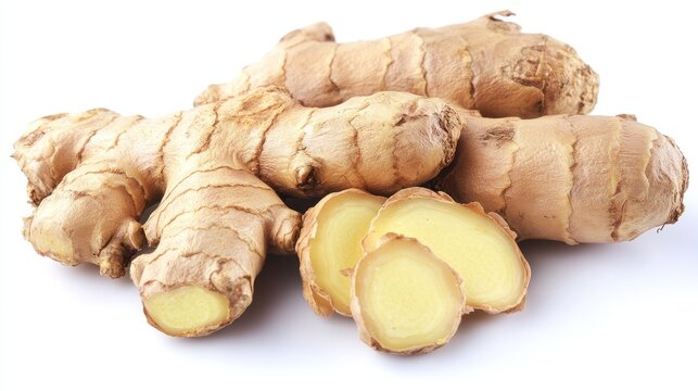 Fresh organic ginger root with sliced pieces on a clean white background showcasing its natural texture and color.