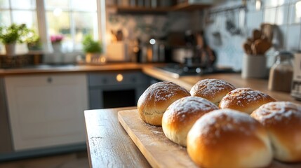 Warm and Inviting Kitchen Setting Featuring Freshly Baked Buns on a Wooden Cutting Board
