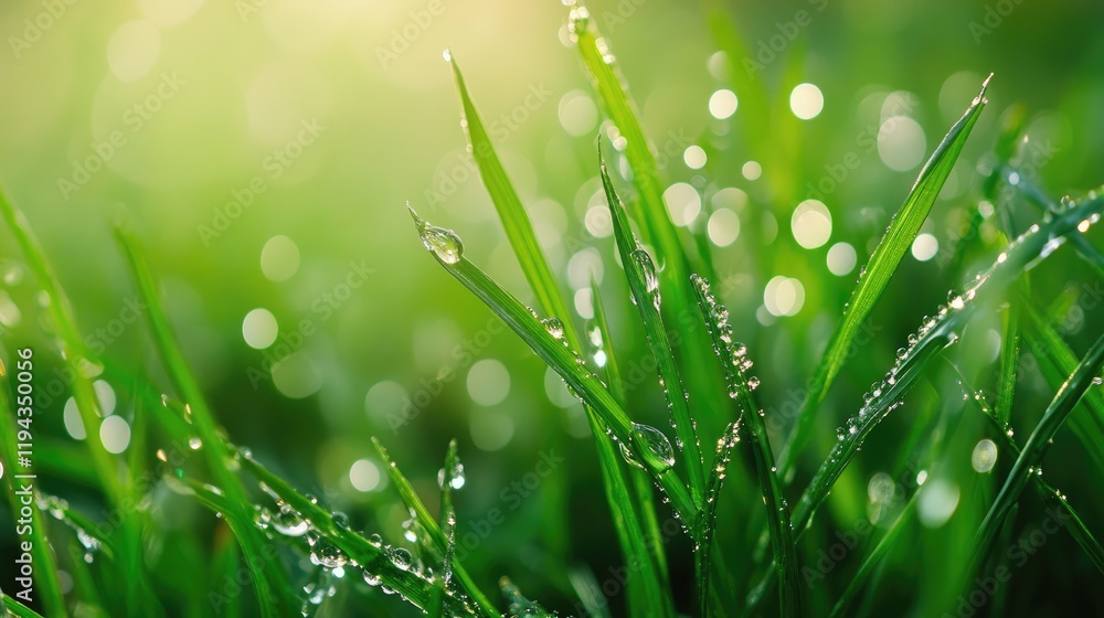 Poster morning dew on vibrant green grass blades with soft bokeh background creating a serene and refreshin