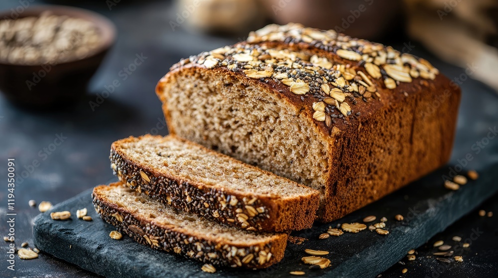 Poster sliced multigrain bread topped with seeds on a dark countertop with scattered oats and a bowl of gra