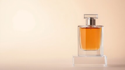 Consumer Trends: Pioneering Innovation and Automation for the Future, Elegant perfume bottle with a warm amber liquid against a soft beige background.