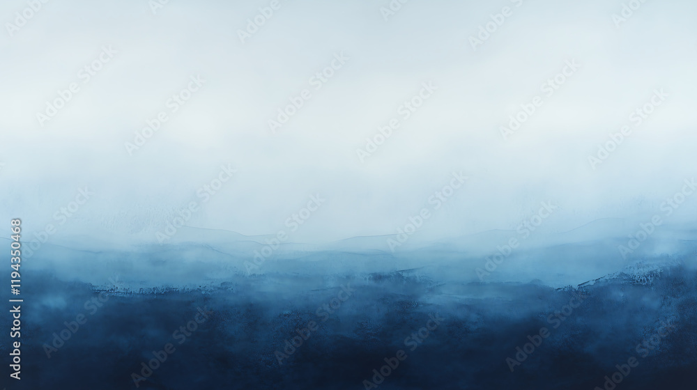 Poster soft blue watercolor gradient landscape with layers of mountains and misty horizon creating serene a