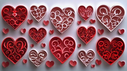 Red, pink and white flying hearts isolated on transparent background. Vector illustration. Paper cut decorations for Valentine's day border or frame design,