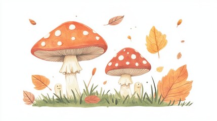 Autumn mushrooms, leaves, grass, whimsical illustration, children's book