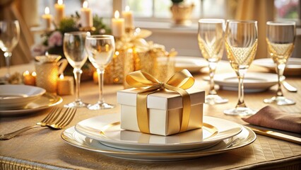 A luxurious table setting with a golden anniversary gift box at the center, surrounded by fine china and sparkling wine glasses, Celebration, Anniversary Gift