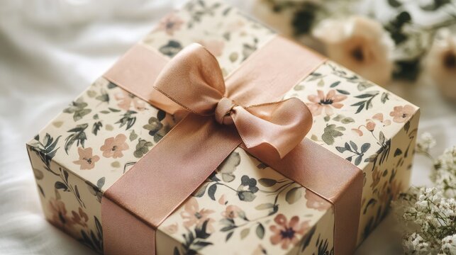 Elegant floral gift box adorned with a satin ribbon for special occasions and celebrations, perfect for conveying heartfelt sentiments.