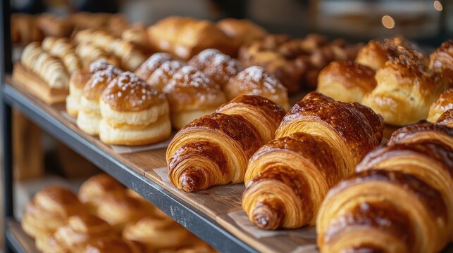 Assorted freshly baked sweet croissants and brioches displayed on rustic bakery shelf ready for customers to enjoy