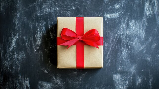 Gift box with red ribbon on black chalkboard background for holiday celebrations and gift-giving themes top view composition.