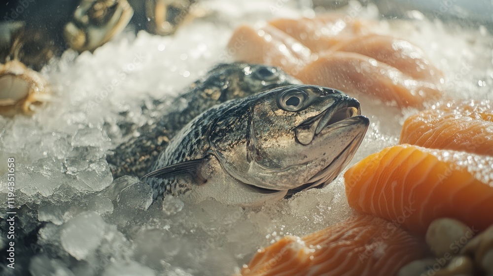 Poster fresh seafood assortment with whole fish and fillets displayed on ice in a market setting for an app