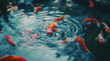 vibrant goldfish swimming in serene water creating ripples and reflections in a tranquil pond scene