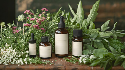 Natural skincare products such as essential oils serums and tinctures surrounded by fresh green herbs flowers and leaves for a homemade eco friendly and holistic beauty routine