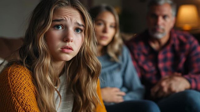 Teenage blonde Caucasian girl with a concerned look on her face sitting next to her boyfriend listening to her parents talk on a couch in a contemporary living room.