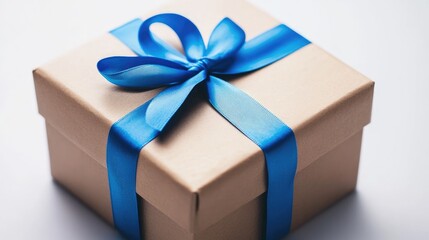 Obraz premium Gift box elegantly wrapped with a blue ribbon on a clean white background showcasing a close-up view of its texture and detail.