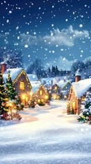 Charming Snowy Village at Night with Twinkling Festive Lights and Snowflakes Falling