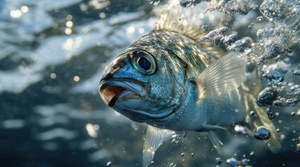 Obraz premium Freshly caught fish underwater showcasing vibrant colors and details with a background of bubbles and sunlight filtering through the ocean surface