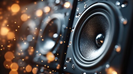 Close-up of High-Quality Black Speakers with Sparkling Background, Perfect for Audio Equipment Advertisement